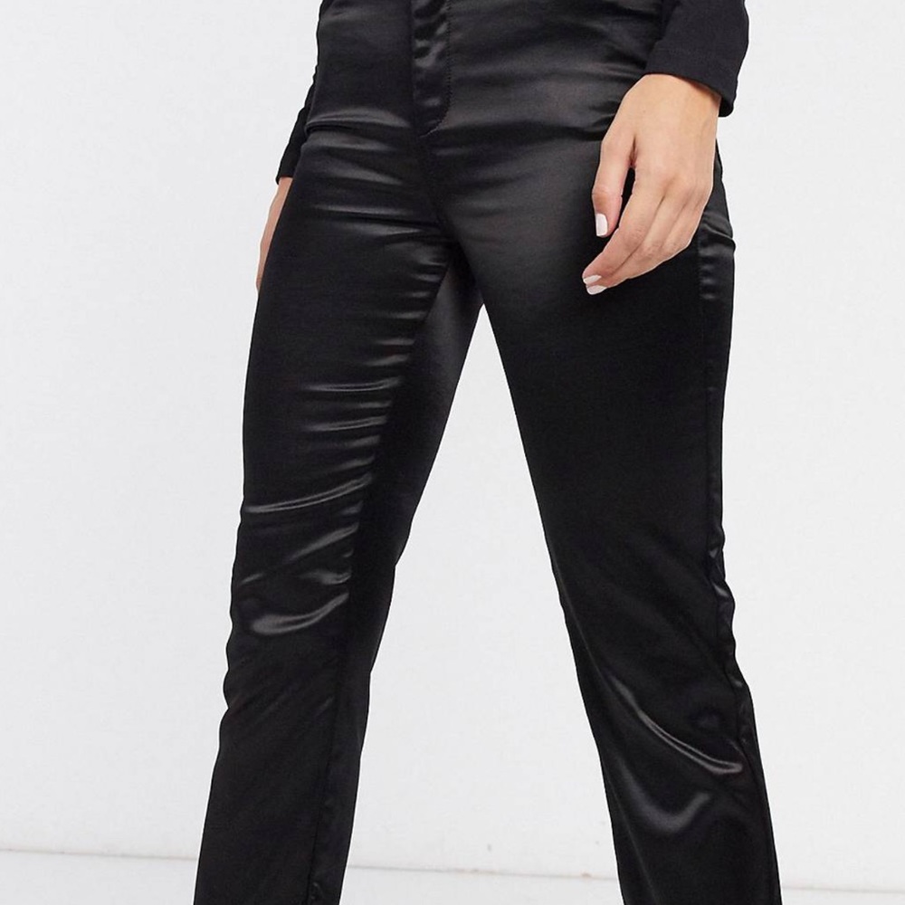 ASOS High Rise “sassy” cigarette pants in black satin